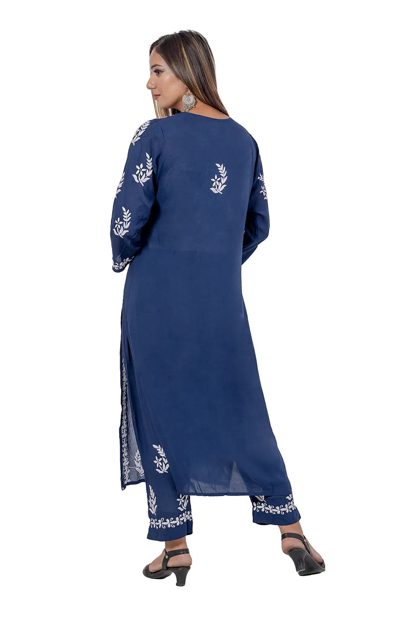 Fabnuma Handcrafted Blue Rayon Cotton Chikankari Kurta Bottom Set - Fabnuma