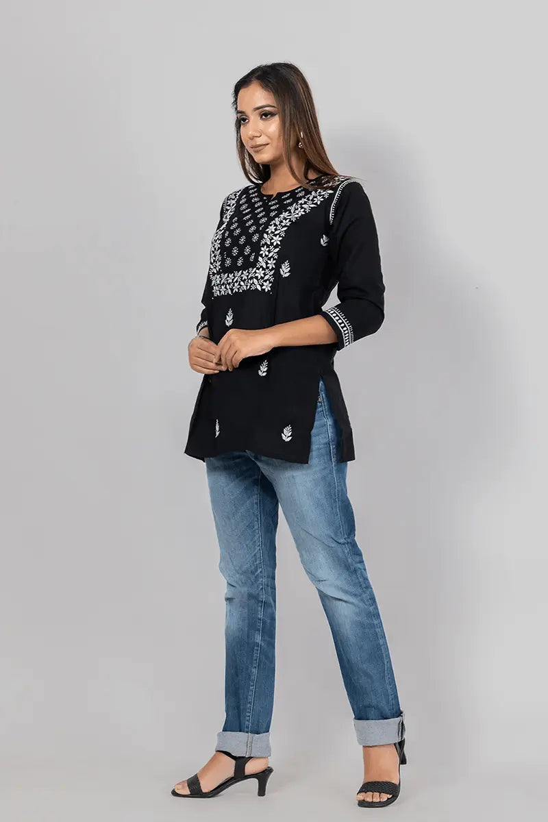 Fabnuma Handcrafted Chikankari Cotton Black Short Top with intricate white Bakhiya Fanda embroidery on cotton fabric.