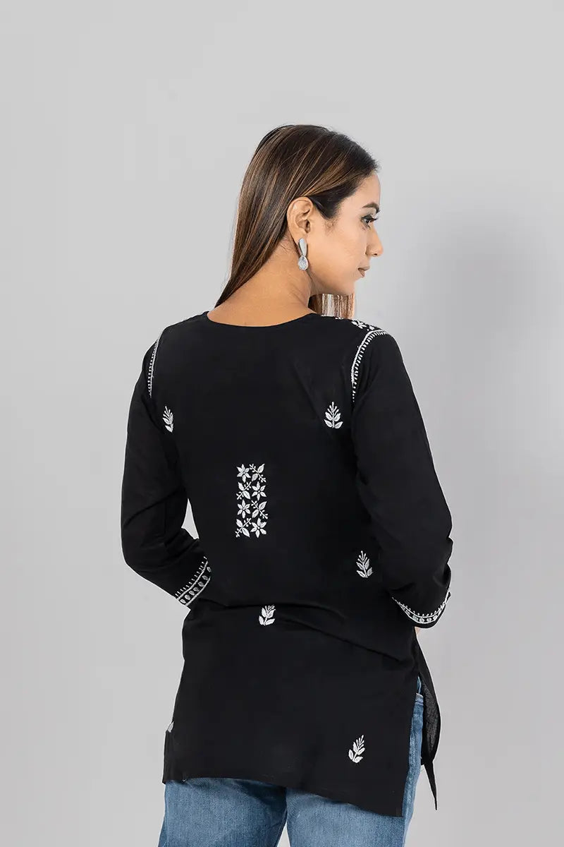 Fabnuma Handcrafted Chikankari Cotton Black Short Top with white floral embroidery on back and sleeves.