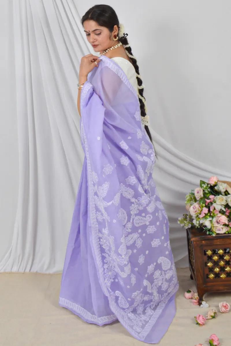 Handcrafted Lavender Cotton Saree with intricate Lucknowi Chikankari Embroidery and a Matching Blouse, ideal for Festive and Occasions.