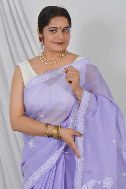 Handcrafted Lavender Cotton Saree with intricate Lucknowi Chikankari Embroidery and a Matching Blouse, ideal for Festive and Occasions.