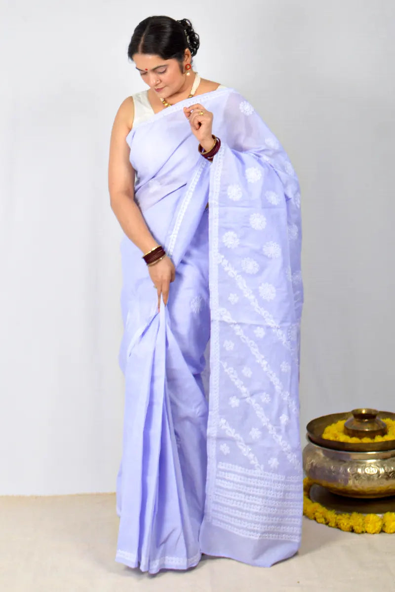 Lavender Cotton saree with hand-embroidered Lucknowi Chikankari and matching blouse – handcrafted ethnic saree by MeMaana