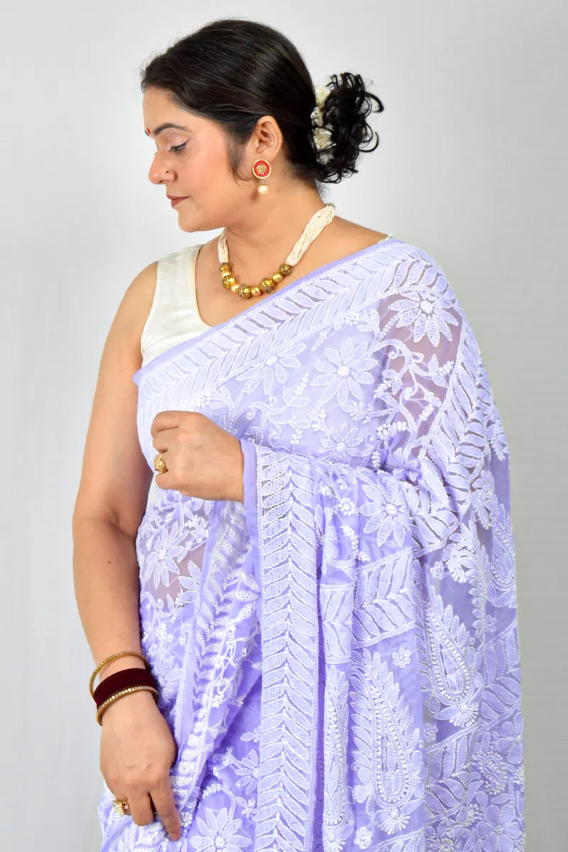 Lavender Georgette saree with allover hand-embroidered Lucknowi Chikankari and matching blouse – handcrafted ethnic saree by MeMaana