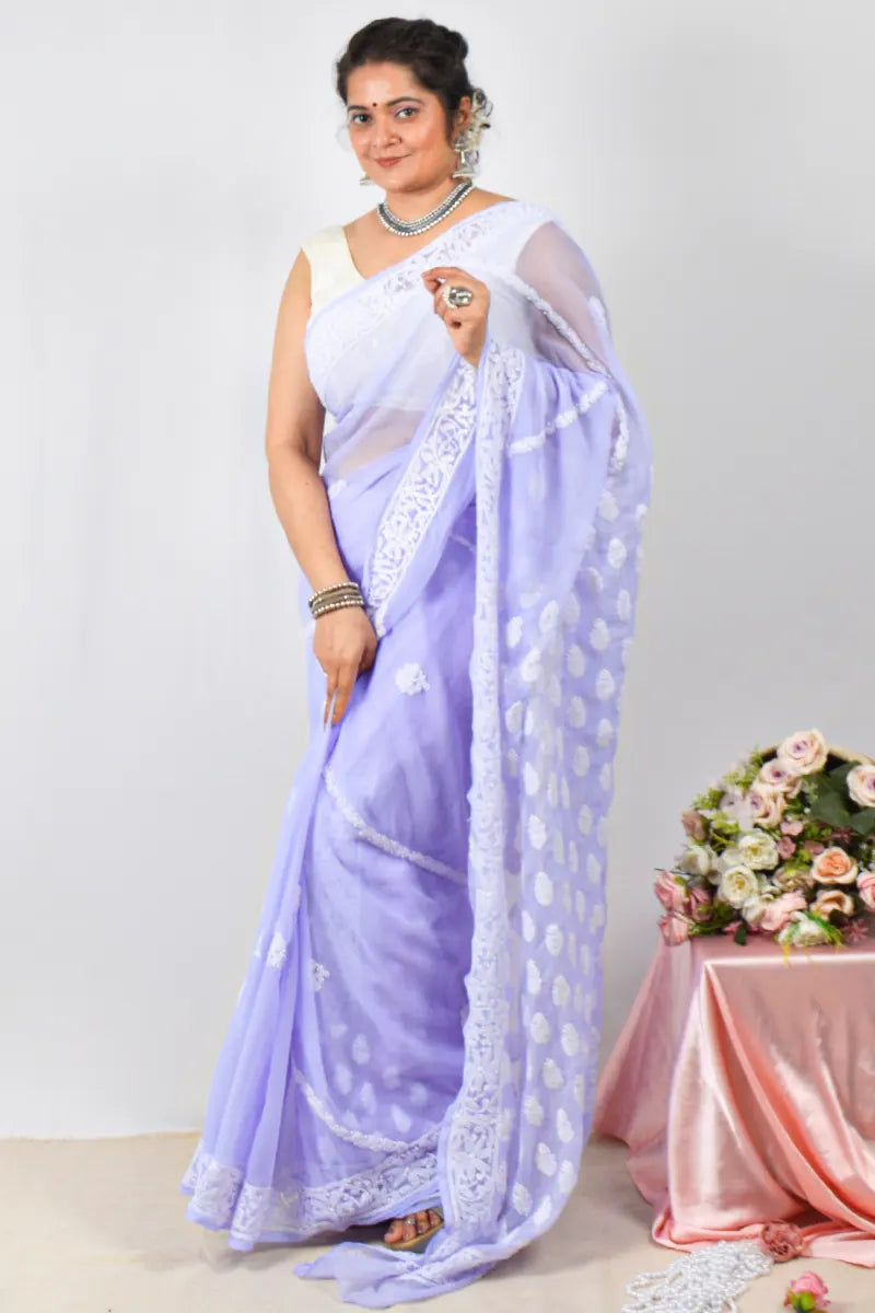 Lavender georgette saree with hand-embroidered Lucknowi Chikankari and matching blouse – handcrafted designer ethnic saree by Fabnuma