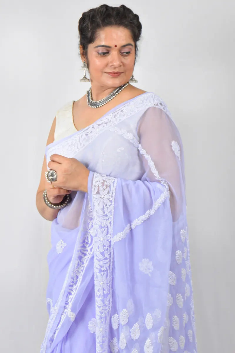 Lavender georgette saree with hand-embroidered Lucknowi Chikankari and matching blouse – handcrafted designer ethnic saree by Fabnuma