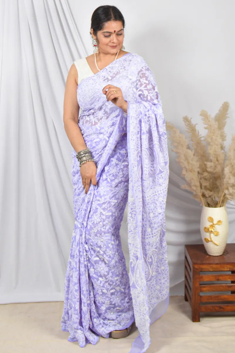 Fabnuma Handcrafted Lavender Allover Georgette Lucknowi Chikankari Saree with Blouse.
