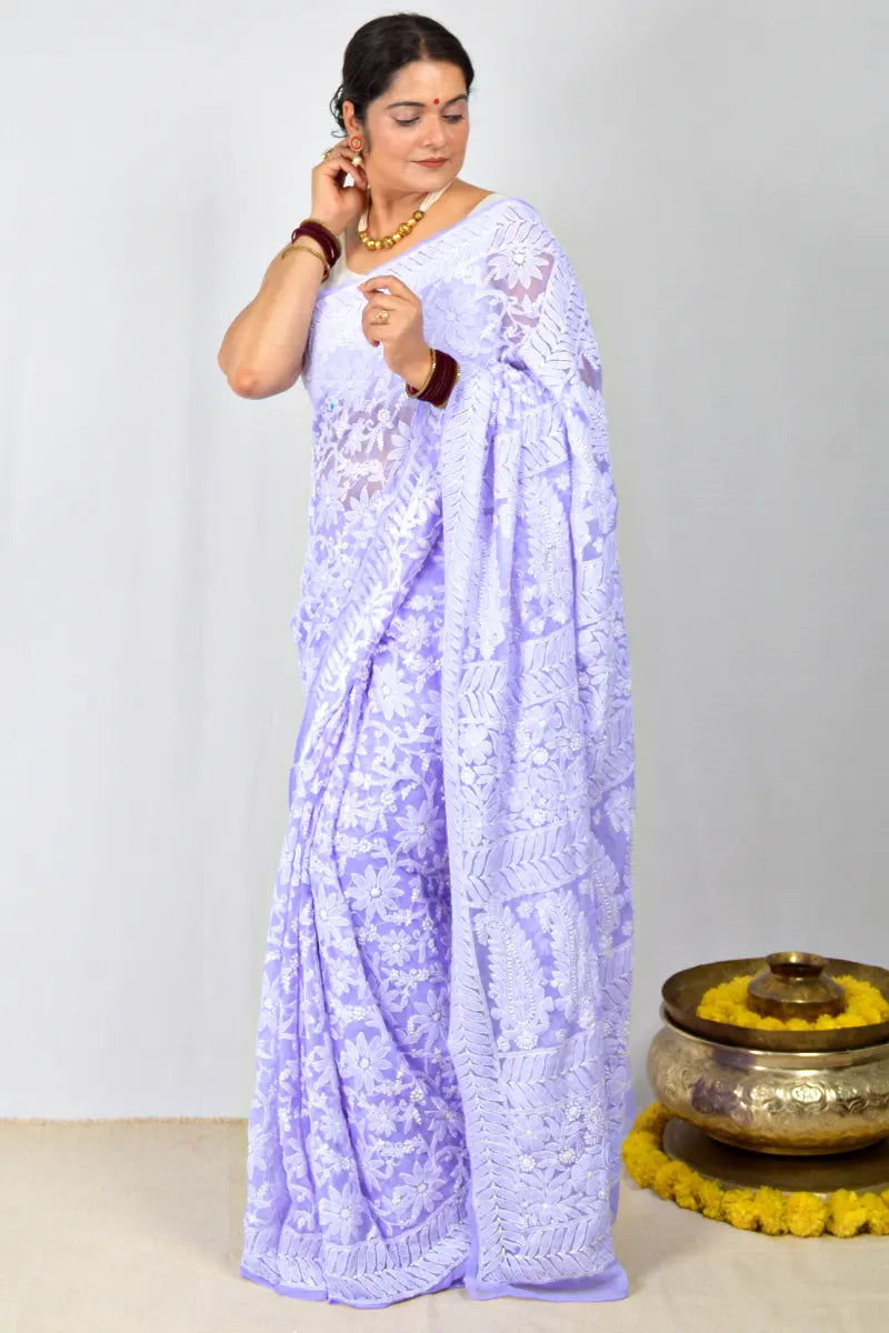 Lavender Georgette saree with allover hand-embroidered Lucknowi Chikankari and matching blouse – handcrafted ethnic saree by MeMaana