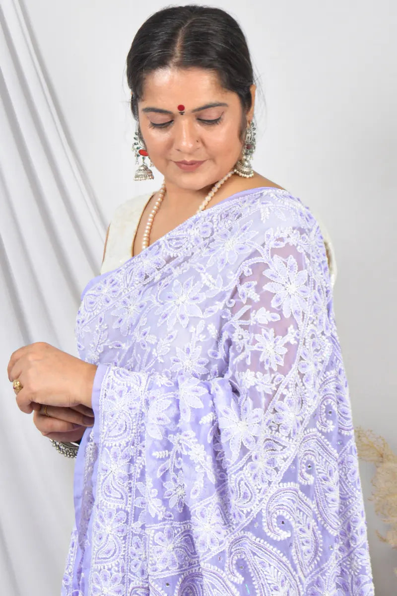 Fabnuma Handcrafted Lavender Allover Georgette Lucknowi Chikankari Saree with Blouse.
