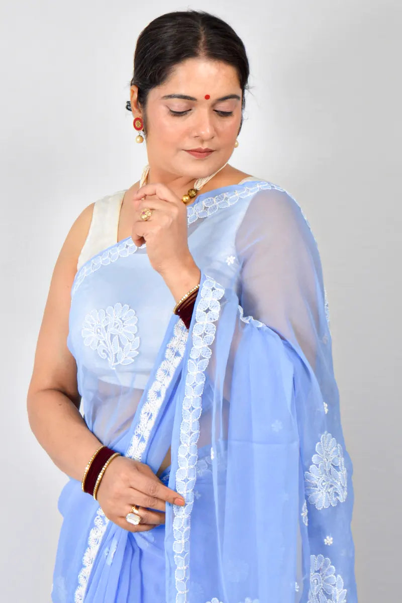 Lavender Georgette saree with allover hand-embroidered Lucknowi Chikankari and matching blouse – handcrafted ethnic saree by MeMaana