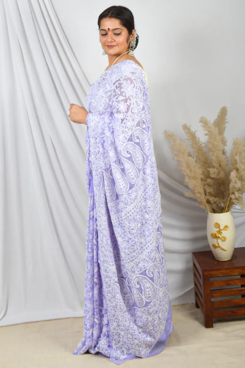 Fabnuma Handcrafted Lavender Allover Georgette Lucknowi Chikankari Saree with Blouse.