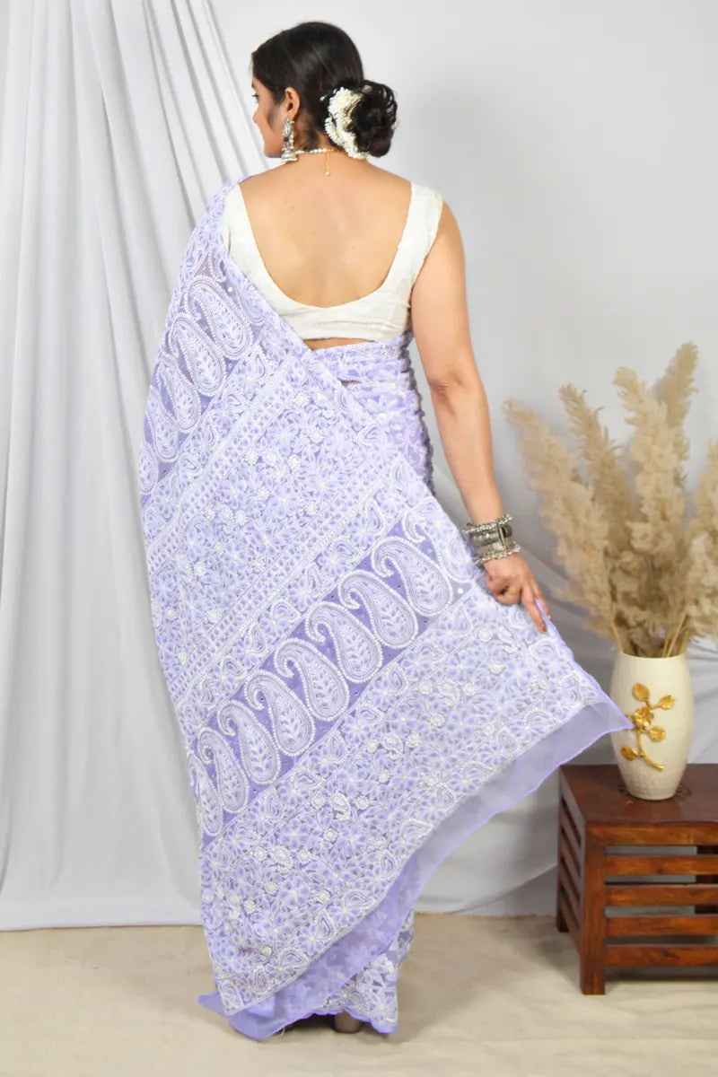 Fabnuma Handcrafted Lavender Allover Georgette Lucknowi Chikankari Saree with Blouse.