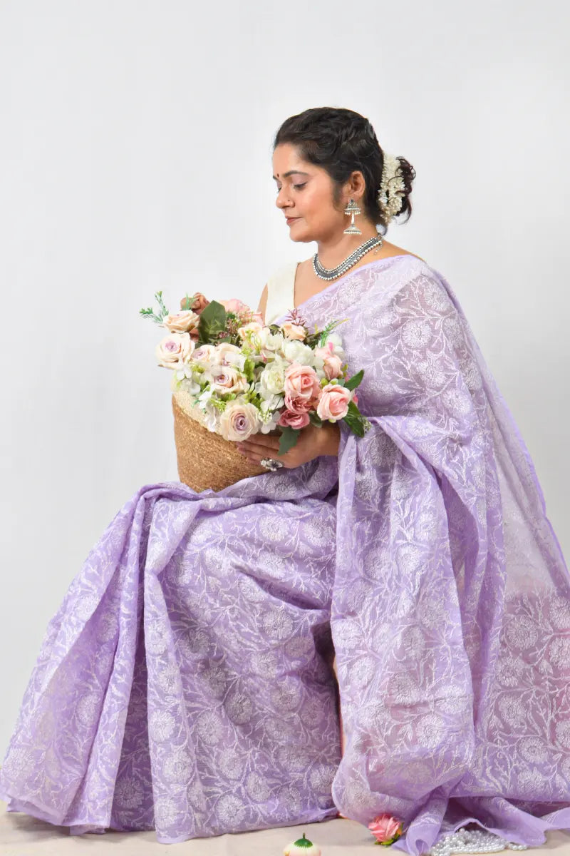 Lavender Kota cotton saree with handcrafted Lucknowi Chikankari embroidery and matching blouse – traditional wear by Fabnuma