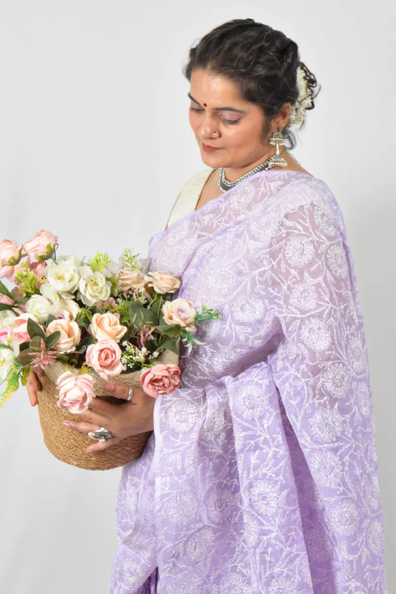 Lavender Kota cotton saree with handcrafted Lucknowi Chikankari embroidery and matching blouse – traditional wear by Fabnuma