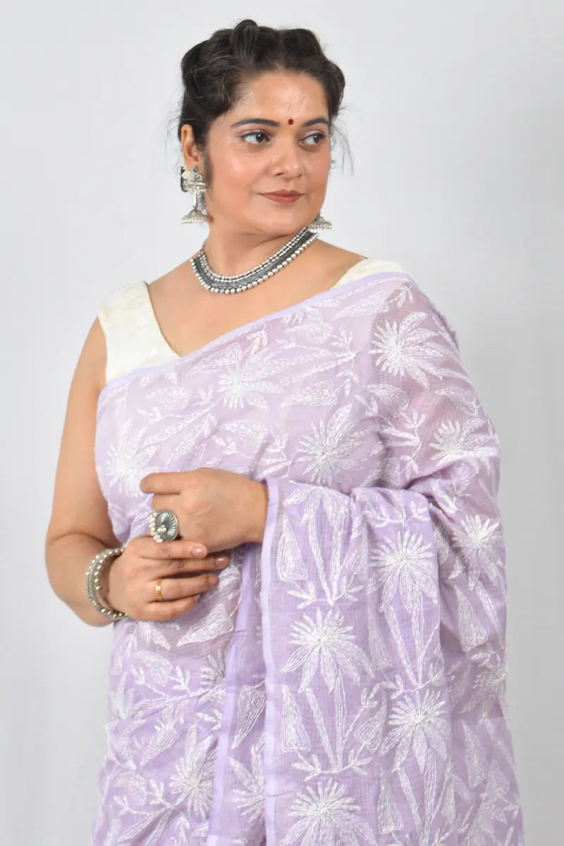 Lavender Kota cotton saree with hand-embroidered Lucknowi Chikankari and matching blouse – handcrafted ethnic saree by Fabnuma