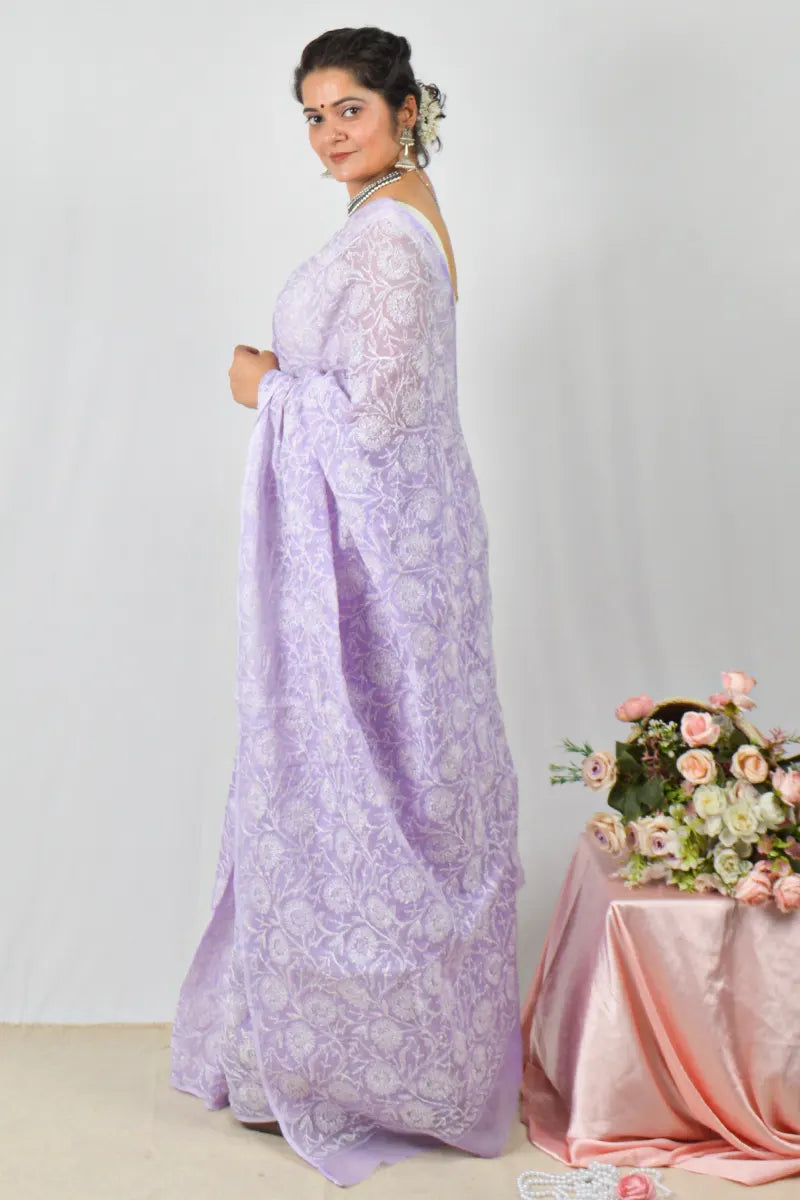 Lavender Kota cotton saree with handcrafted Lucknowi Chikankari embroidery and matching blouse – traditional wear by Fabnuma