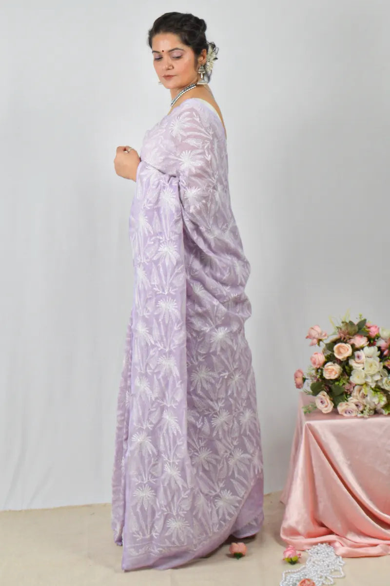 Lavender Kota cotton saree with hand-embroidered Lucknowi Chikankari and matching blouse – handcrafted ethnic saree by Fabnuma