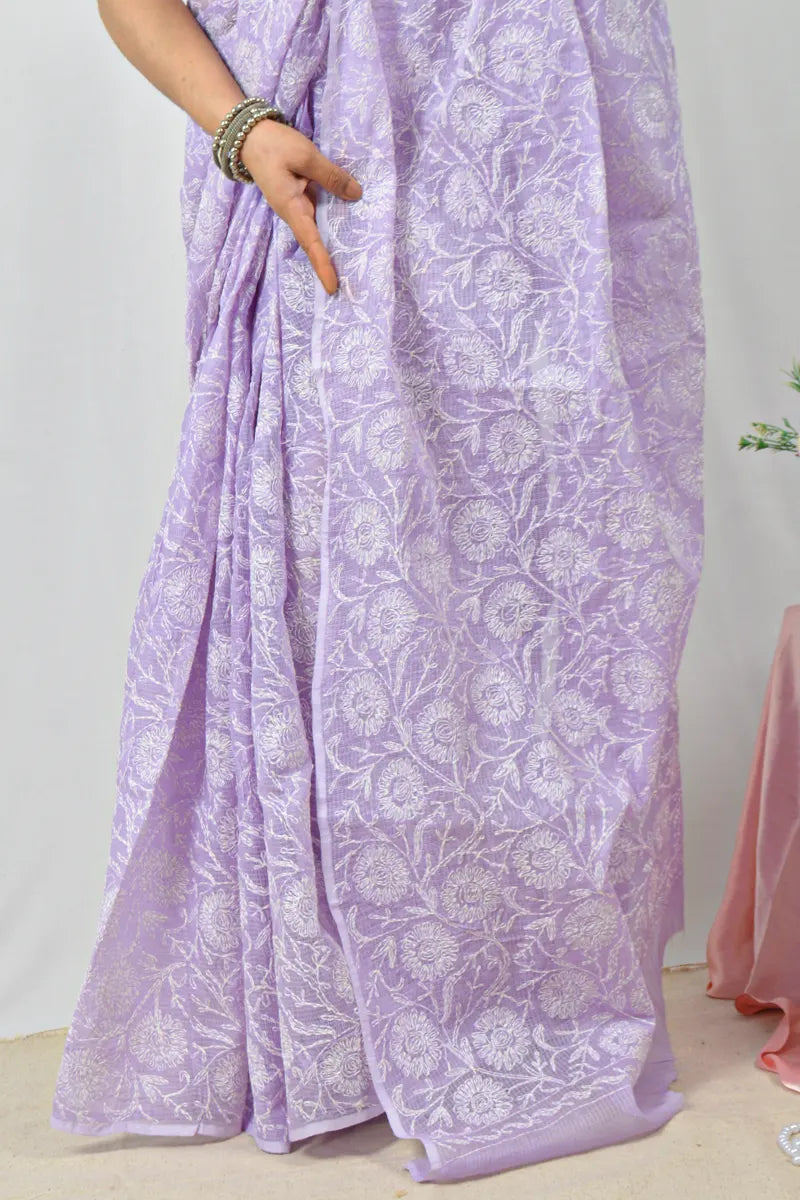 Lavender Kota cotton saree with handcrafted Lucknowi Chikankari embroidery and matching blouse – traditional wear by Fabnuma