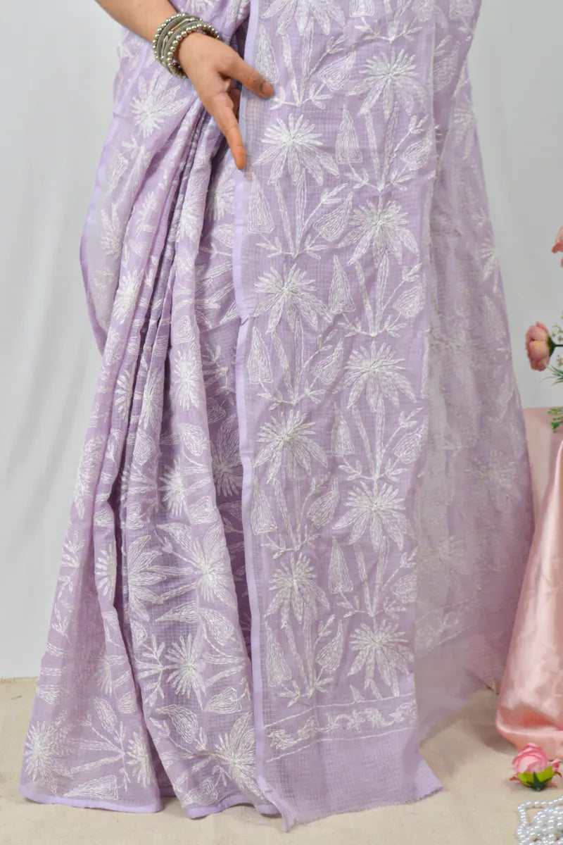 Lavender Kota cotton saree with hand-embroidered Lucknowi Chikankari and matching blouse – handcrafted ethnic saree by Fabnuma