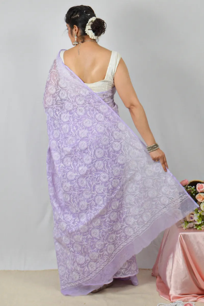 Lavender Kota cotton saree with handcrafted Lucknowi Chikankari embroidery and matching blouse – traditional wear by Fabnuma