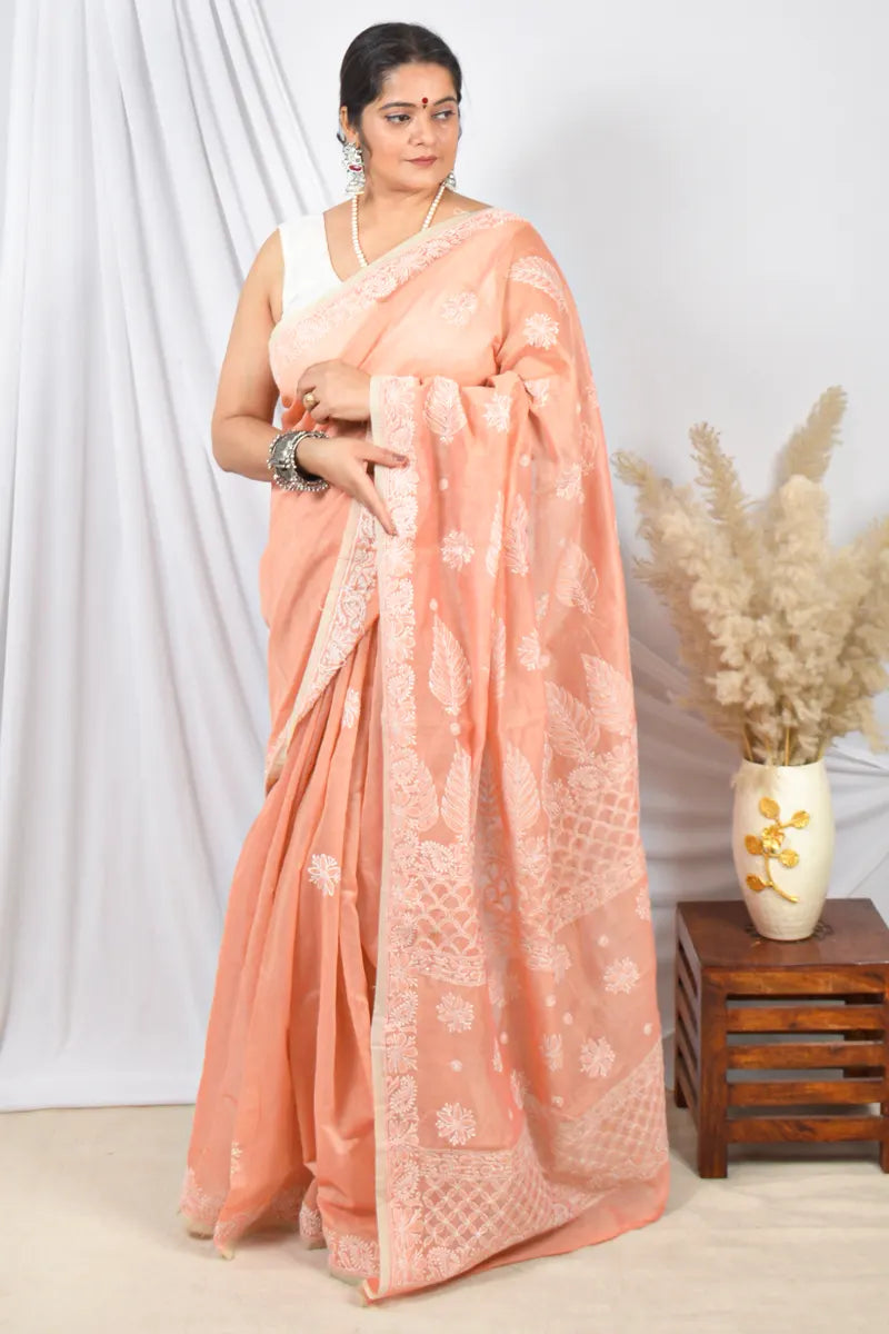 Fabnuma Handcrafted Light Orange Chanderi Lucknowi Chikankari Saree with Blouse Lucknowi Chikankari