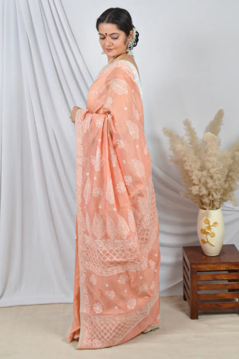 Fabnuma Handcrafted Light Orange Chanderi Lucknowi Chikankari Saree with Blouse Lucknowi Chikankari
