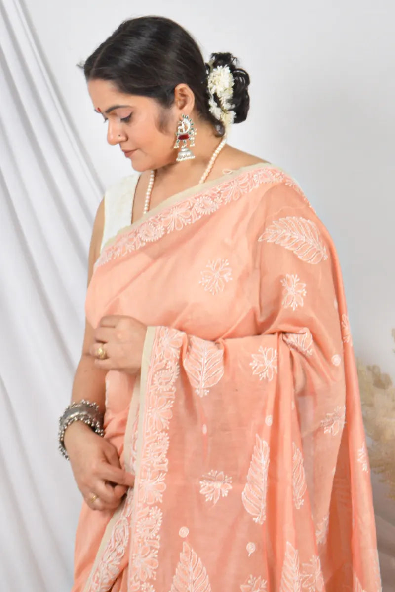 Fabnuma Handcrafted Light Orange Chanderi Lucknowi Chikankari Saree with Blouse Lucknowi Chikankari
