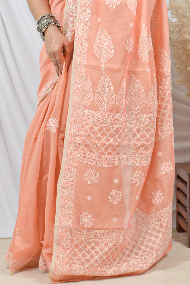 Fabnuma Handcrafted Light Orange Chanderi Lucknowi Chikankari Saree with Blouse Lucknowi Chikankari