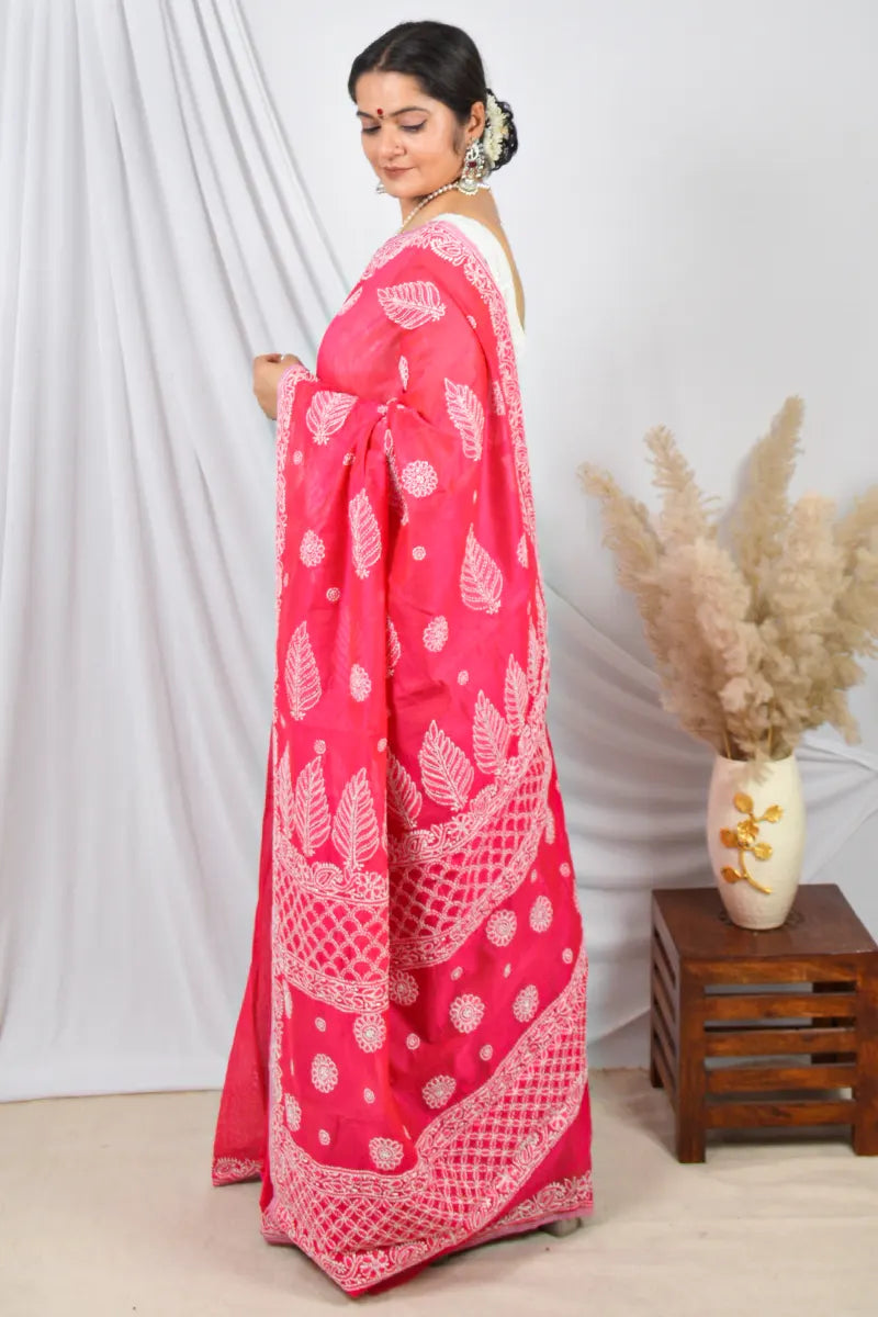 Fabnuma Handcrafted Magenta Pink Chanderi Lucknowi Chikankari Saree with Blouse Lucknowi Chikankari