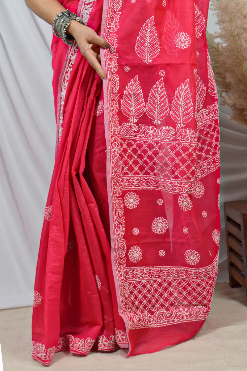 Fabnuma Handcrafted Magenta Pink Chanderi Lucknowi Chikankari Saree with Blouse Lucknowi Chikankari