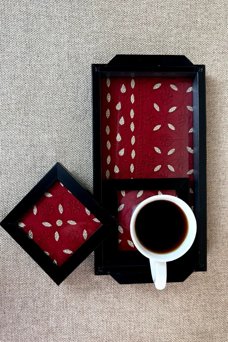 Maroon Handcrafted Lucknowi Chikankari Tray & Tea Coaster Set With hand-embroidered Lucknowi Chikankari