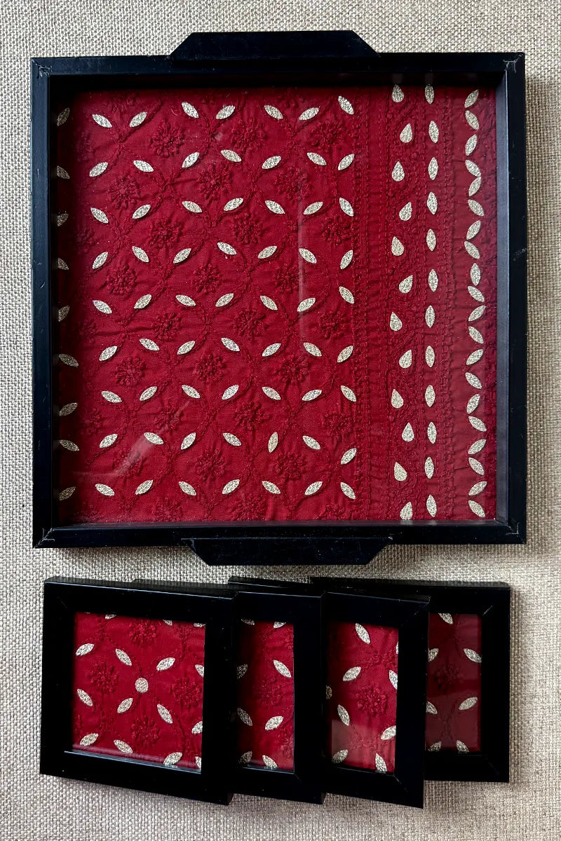 Maroon Handcrafted Lucknowi Chikankari Tray & Tea Coaster Set With hand-embroidered Lucknowi Chikankari