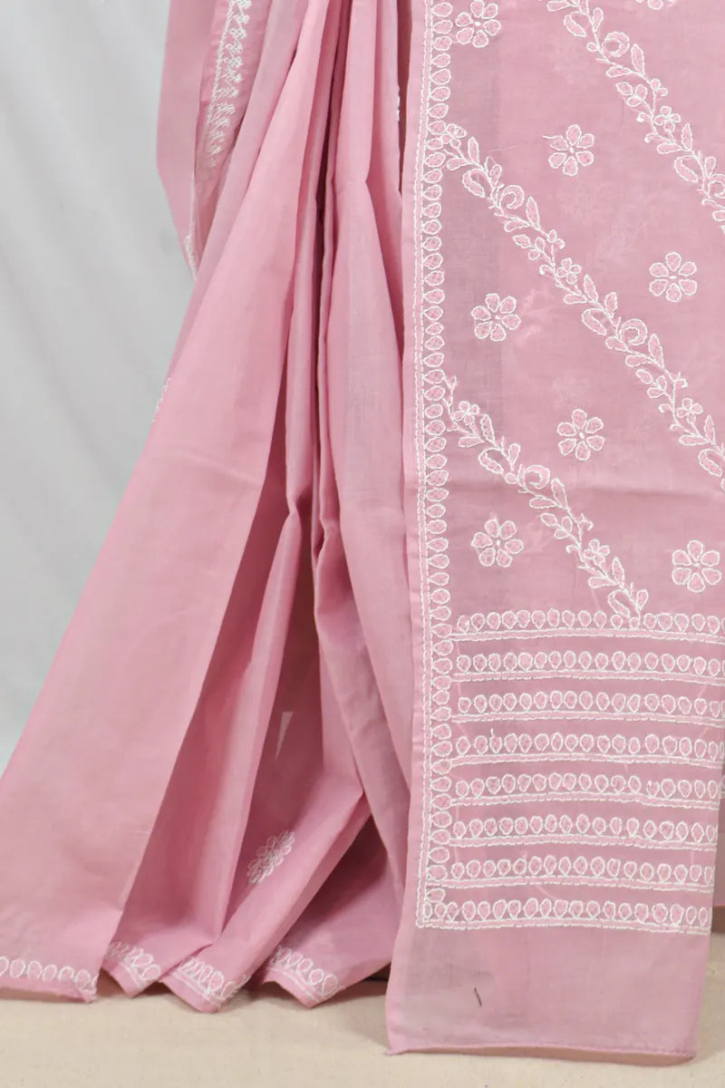 Handcrafted Onion Pink Cotton Designer Saree with intricate Lucknowi Chikankari Embroidery ,With a matching Blouse ideal for Festive and wedding occasions
