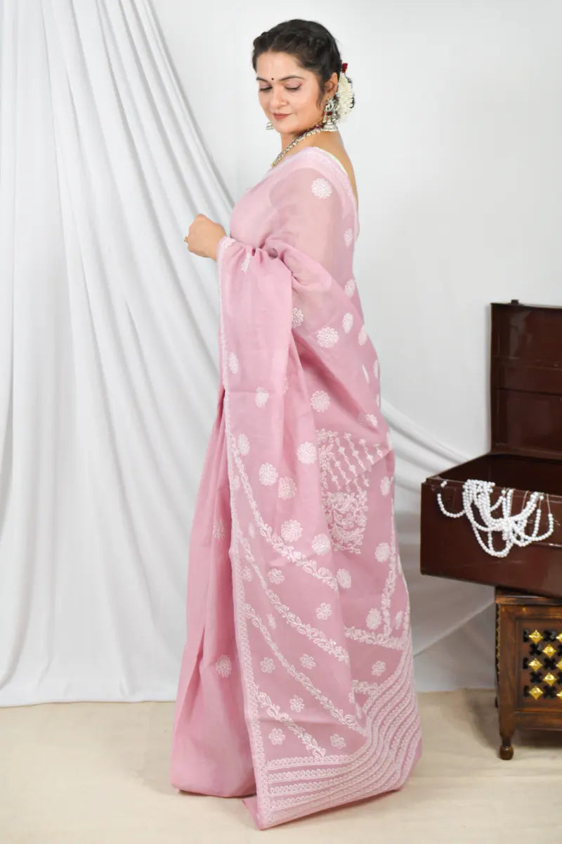 Handcrafted Onion Pink Cotton Designer Saree with intricate Lucknowi Chikankari Embroidery ,With a matching Blouse ideal for Festive and wedding occasions