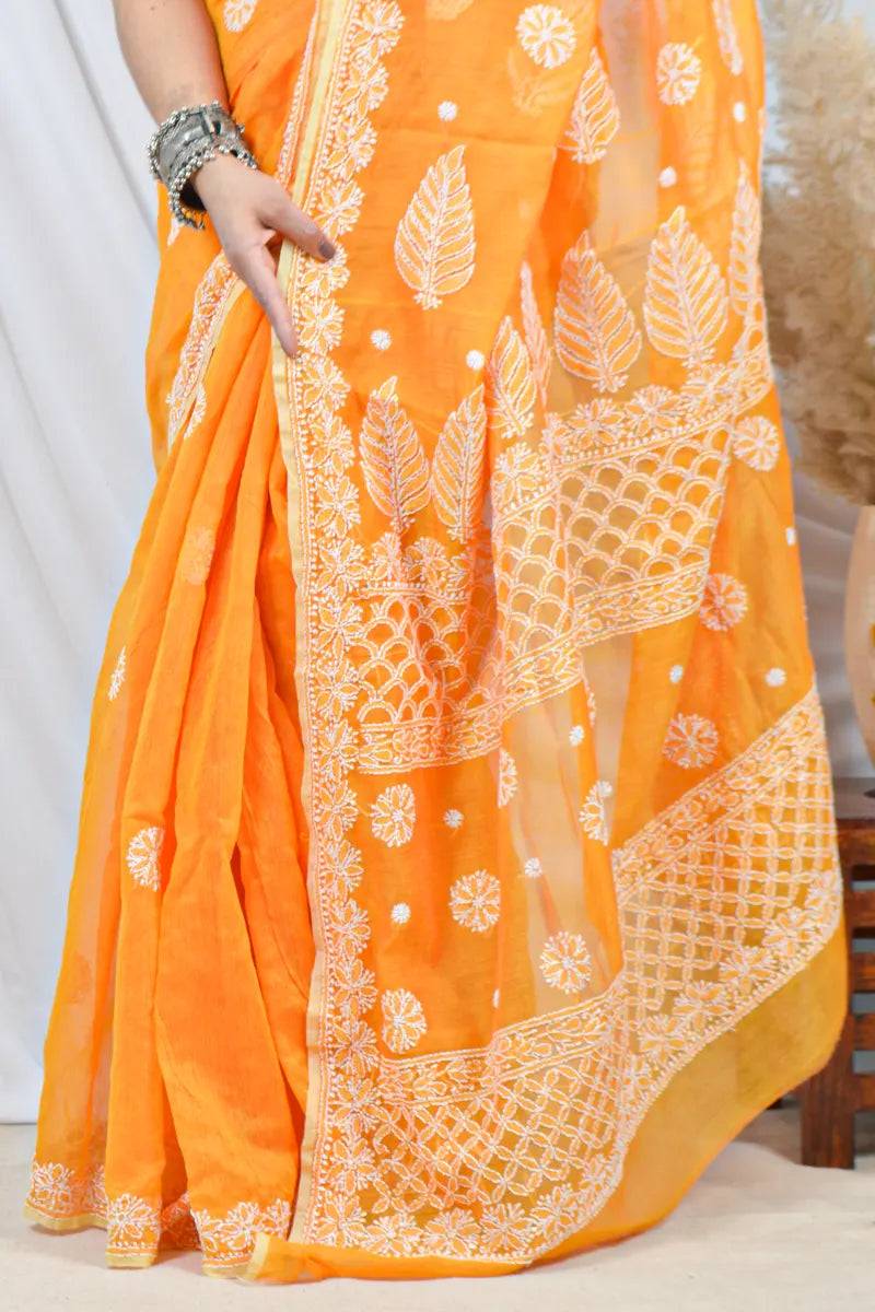 Fabnuma Handcrafted Orange Chanderi Lucknowi Chikankari Saree with Blouse Lucknowi Chikankari