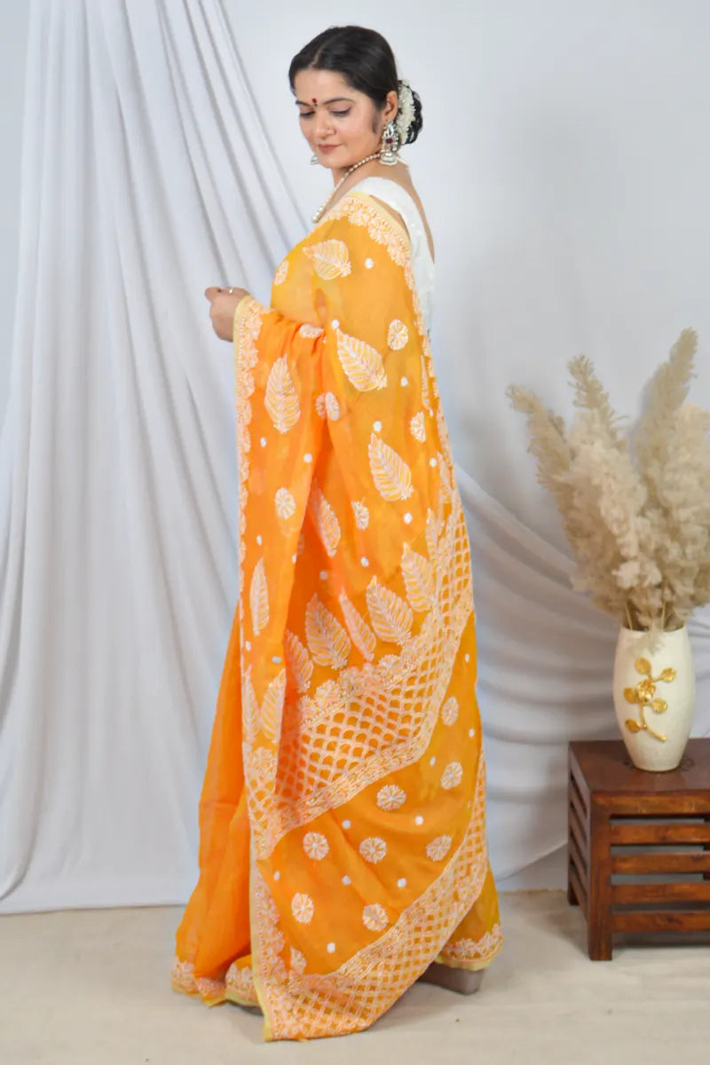 Fabnuma Handcrafted Orange Chanderi Lucknowi Chikankari Saree with Blouse Lucknowi Chikankari