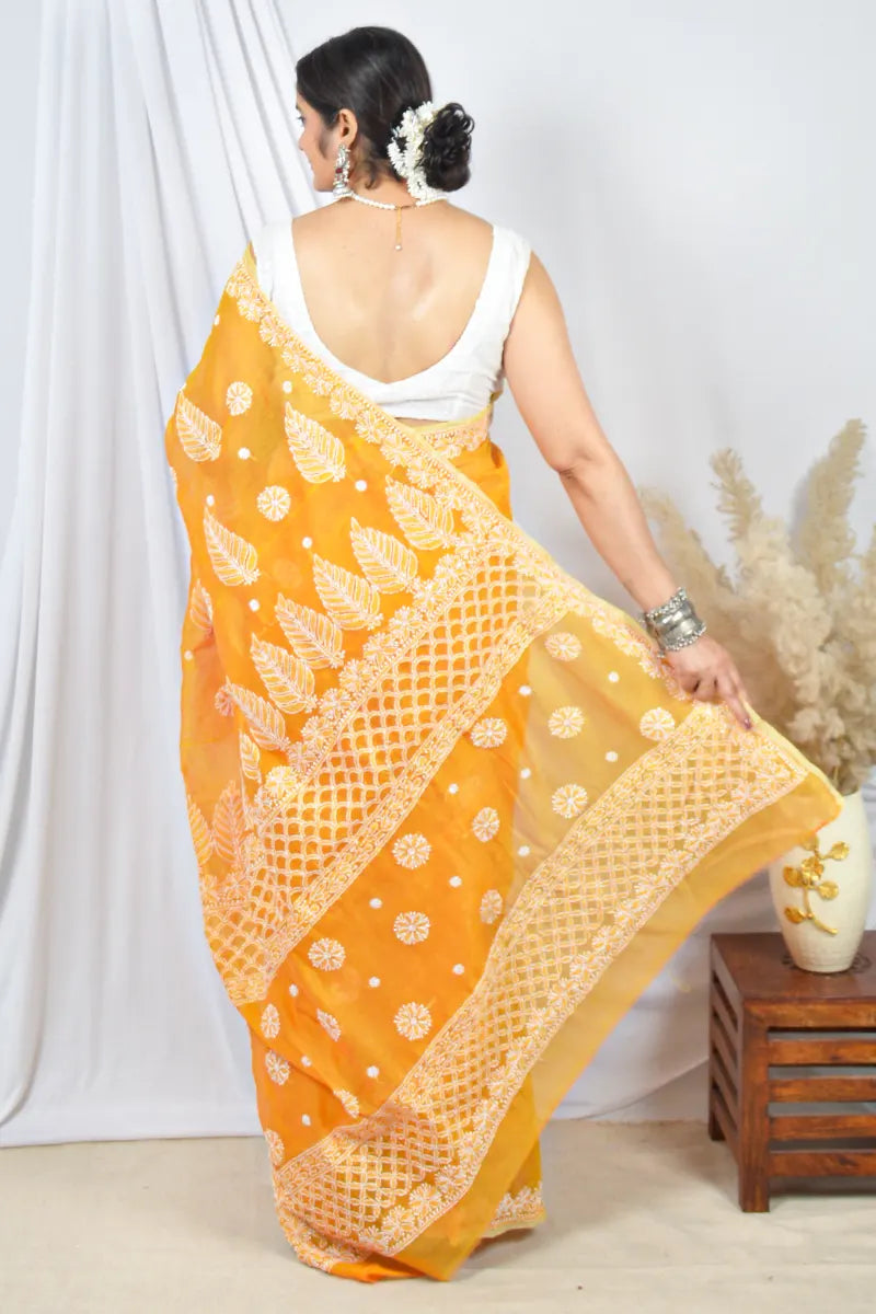 Fabnuma Handcrafted Orange Chanderi Lucknowi Chikankari Saree with Blouse Lucknowi Chikankari