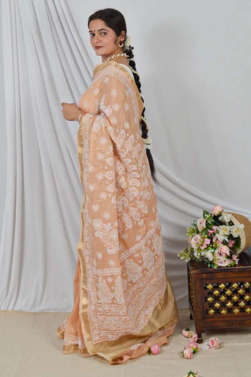 Memaana Handcrafted Orange Heavy Palla Chanderi Cotton Saree with Blouse Lucknowi Chikankari