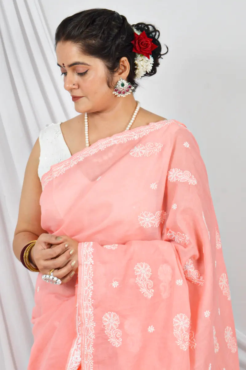 Handcrafted Orange Cotton Saree with intricate Lucknowi Chikankari Embroidery and a matching Blouse, ideal for Festive and occasions.