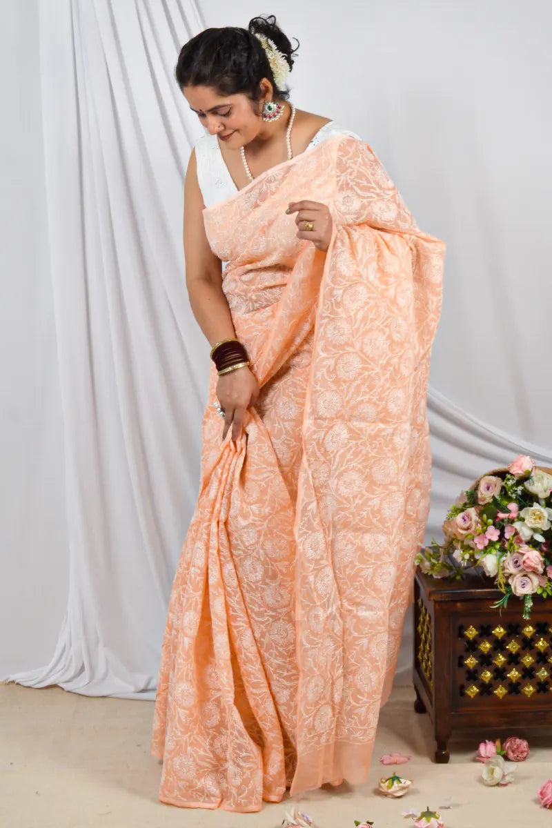 Orange Kota Cotton Tepchi Chikankari saree without blouse – handcrafted ethnic wear by Fabnuma