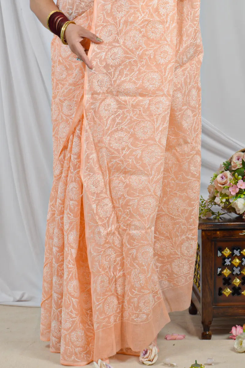 Orange Kota Cotton Tepchi Chikankari saree without blouse – handcrafted ethnic wear by Fabnuma
