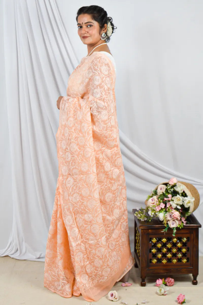 Orange Kota Cotton Tepchi Chikankari saree without blouse – handcrafted ethnic wear by Fabnuma