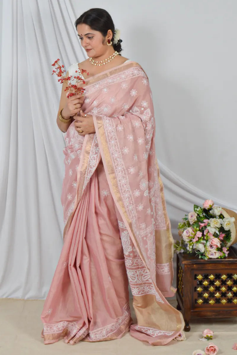 Memaana Handcrafted Peach Border Palla Chanderi Cotton Saree with Blouse Lucknowi Chikankari
