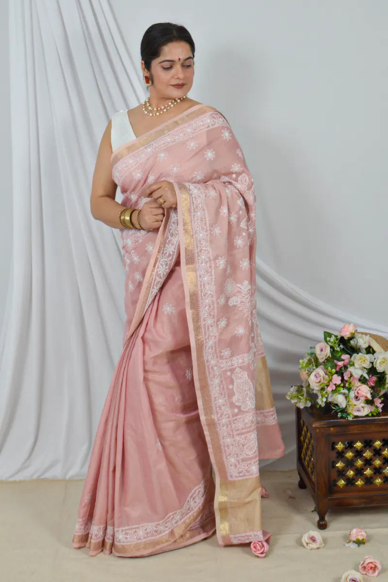 Fabnuma Handcrafted Peach Border Palla Chanderi Cotton Saree with Blouse Lucknowi Chikankari