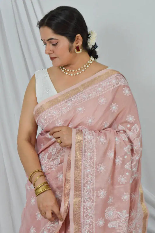 Memaana Handcrafted Peach Border Palla Chanderi Cotton Saree with Blouse Lucknowi Chikankari