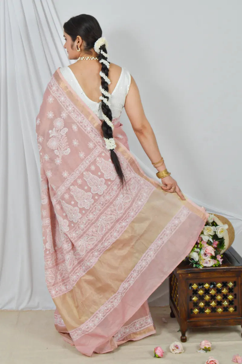 Fabnuma Handcrafted Peach Border Palla Chanderi Cotton Saree with Blouse Lucknowi Chikankari