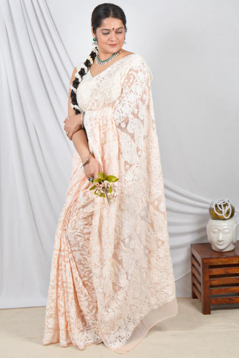 Peach Color Georgette Lucknowi Chikankari Allover Saree Embroidery and Blouse – Perfect for Weddings & Festive Wear