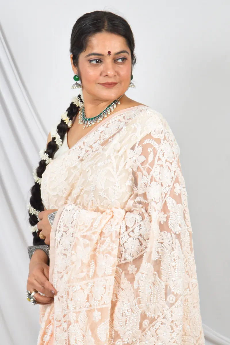 Peach Color Georgette Lucknowi Chikankari Allover Saree Embroidery and Blouse – Perfect for Weddings & Festive Wear
