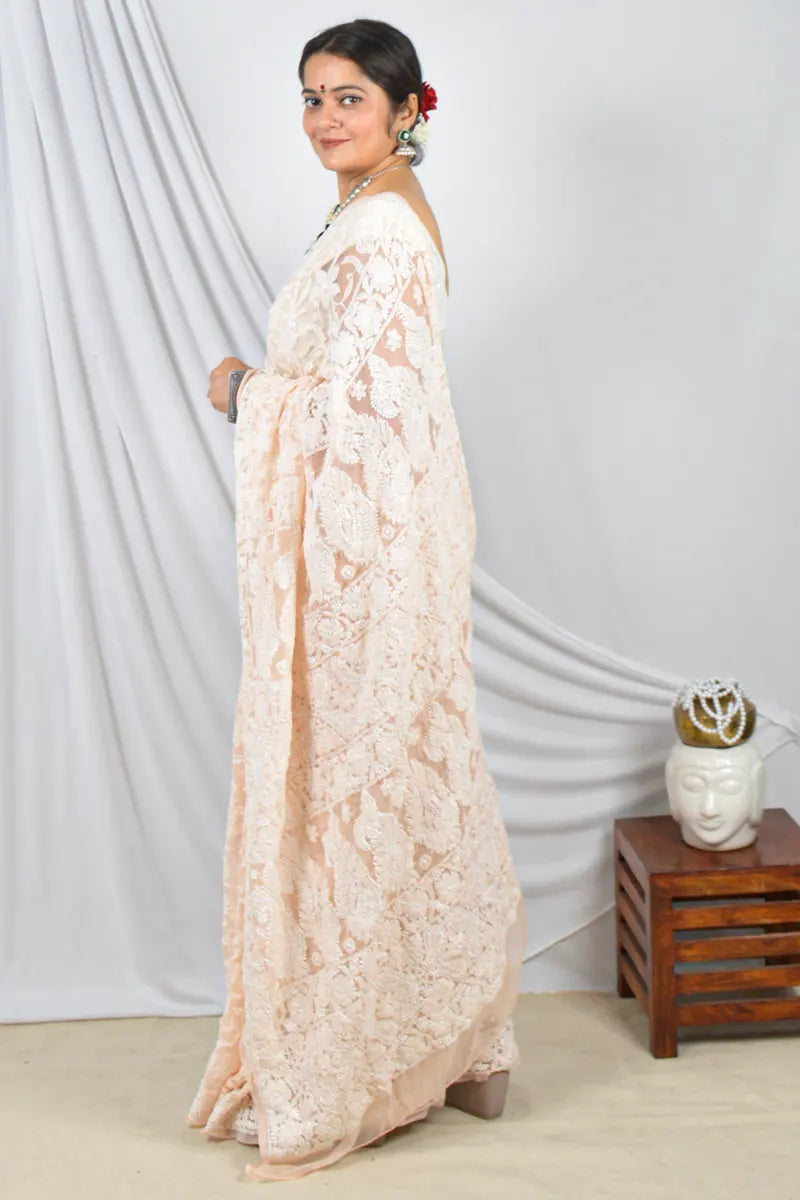 Peach Color Georgette Lucknowi Chikankari Allover Saree Embroidery and Blouse – Perfect for Weddings & Festive Wear