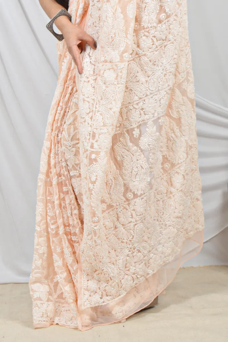 Peach Color Georgette Lucknowi Chikankari Allover Saree Embroidery and Blouse – Perfect for Weddings & Festive Wear
