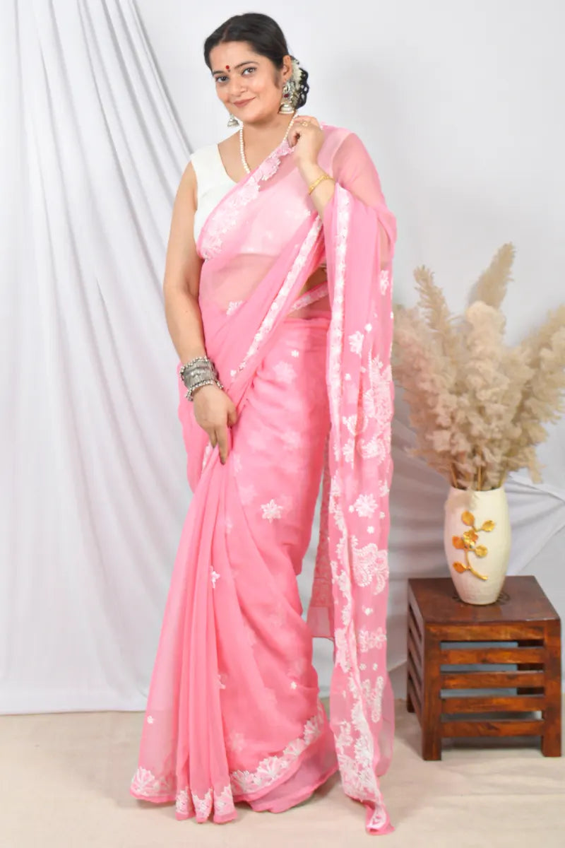 Fabnuma Handcrafted Peach Georgette Lucknowi Chikankari Saree with Blouse Lucknowi Chikankari